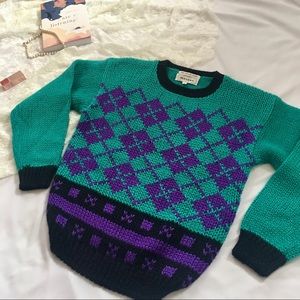 Vintage Fisherman’s Argyle/Diamond Emerald Purple Intarsia Knit Handmade Sweater